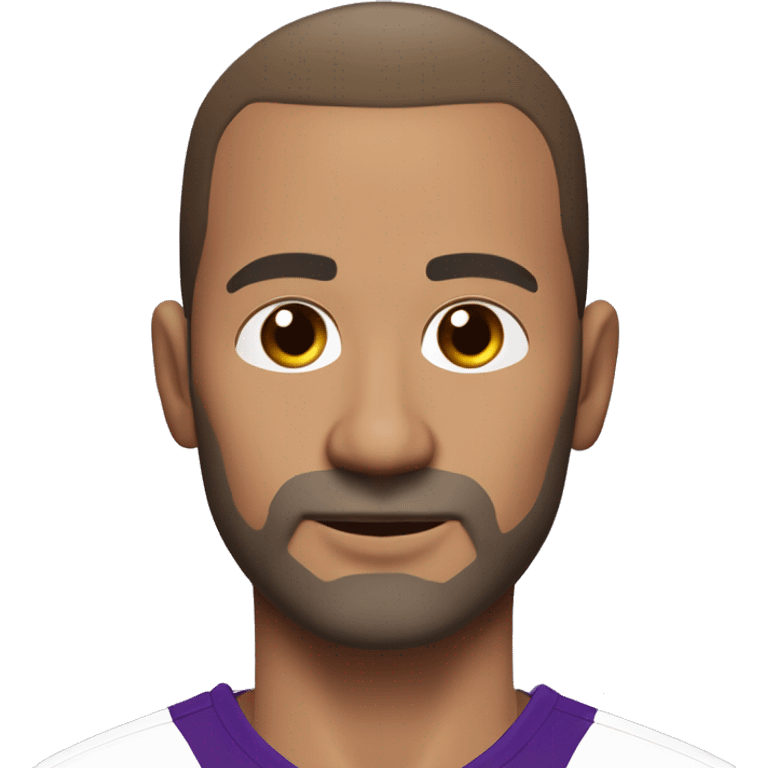 45-year-old man, slightly round face. very short hairs, almost shaved, a small central crest. hairline is slightly receding, sparse hair around the temples. brown eyes unshaven, small stubble beard. black and purple soccer jersey.  emoji