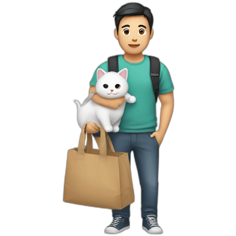 Asian man holding a cat in a bag emoji