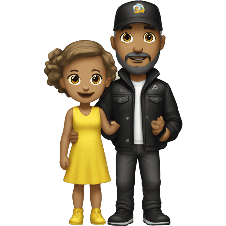 White-skinned man with stubble, gray beard, brown hair, black eyes, black Reebok cap, leather jacket, holding infant girl in yellow dress with yellow bow. emoji