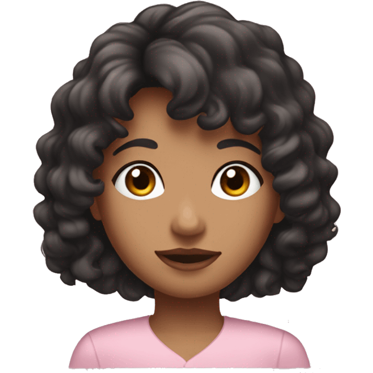 woman with long black curly hair and bangs and dark brown eyes, wearing a pastel pink blouse emoji