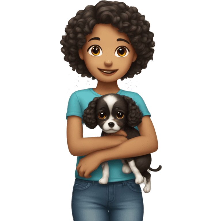 Cute girl with curly dark hair with a small dog in her arms emoji