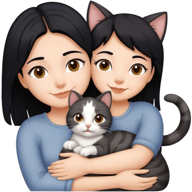 happy girl with black hair hugging three cats  (carey cat, gray cat, brown calico cat) emoji