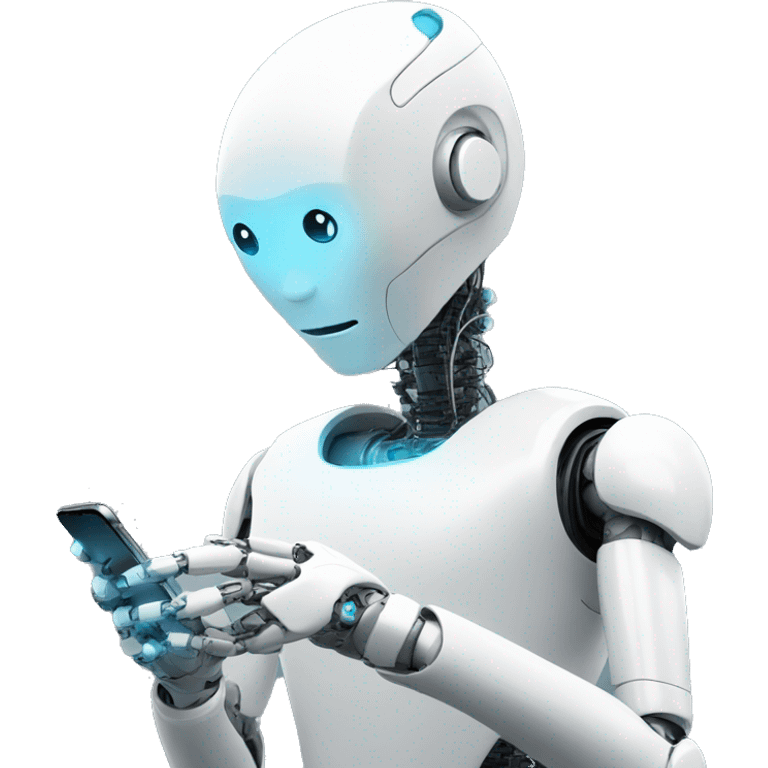 a humanoid robot looking at his iphone emoji