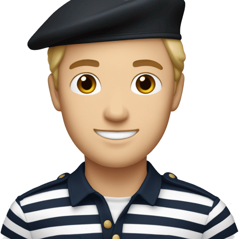 caucasian french man wearing a black beret and a classic marinière (striped) shirt with white and navy blue stripes. emoji