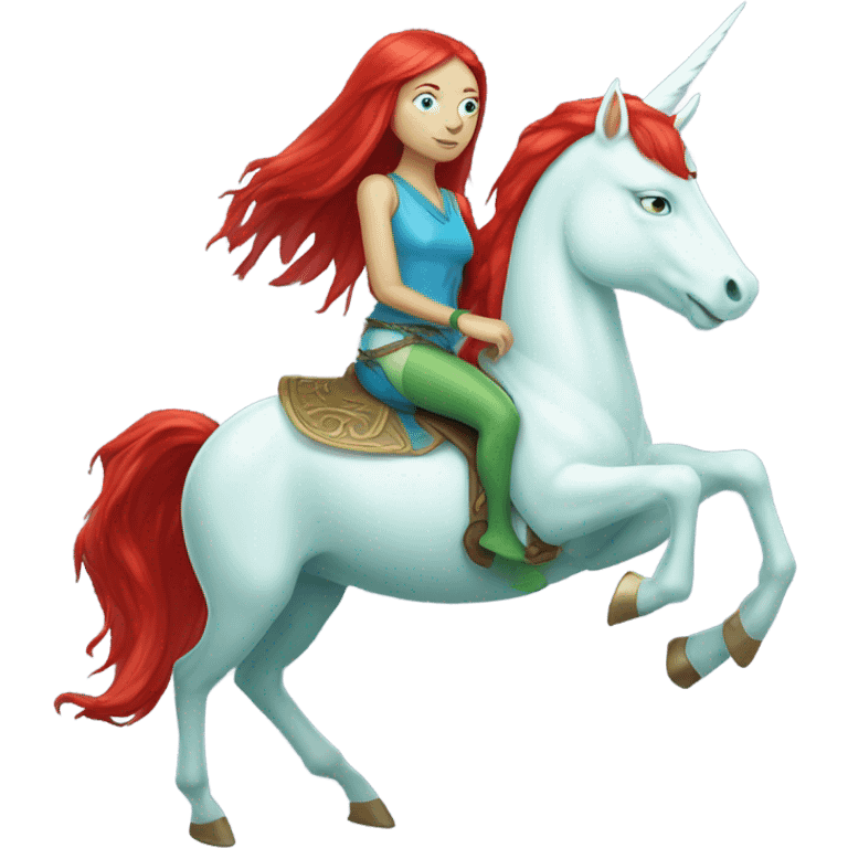 [
	{ a light green Amazon alien woman [ hair:red, eyes:blue]} 
	on a 
	[{ unicorn: white, legged:six, mane: light blue }] emoji