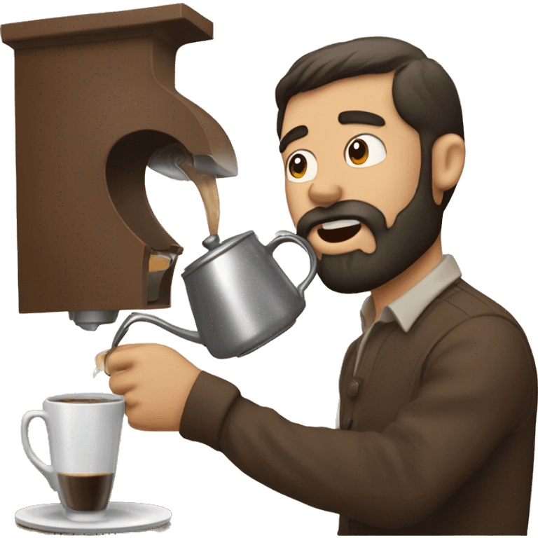 Bearded man pouring coffee from a coffee pot into his mouth emoji