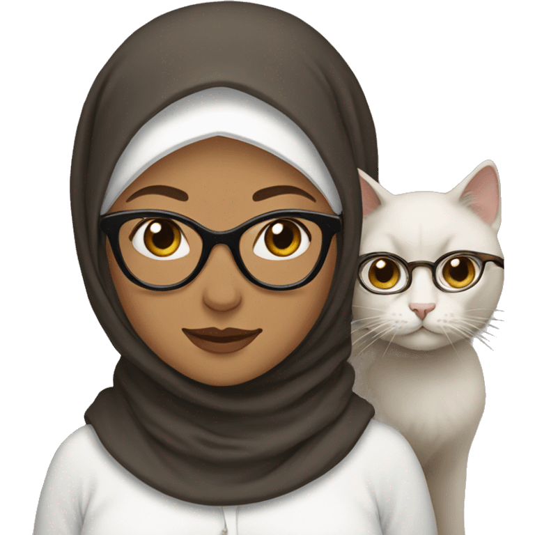 woman in brown hijab with glasses and her white cat emoji