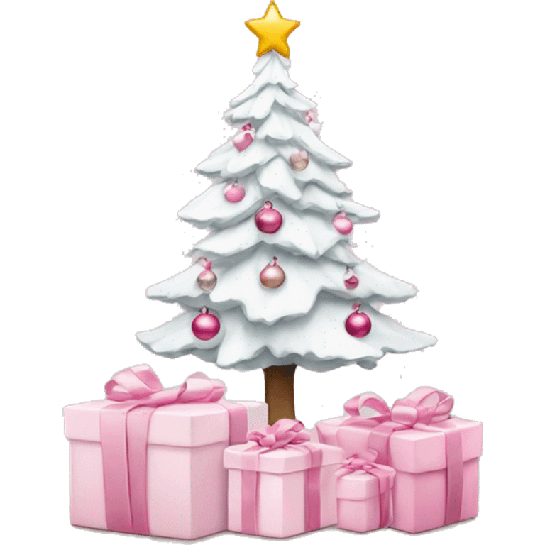 Light pink Christmas gifts under a white Christmas tree  emoji