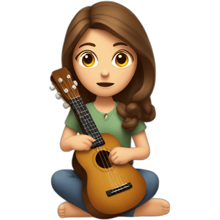 woman with brown hair with ukelele in hand sitting, with a sad look on her face emoji