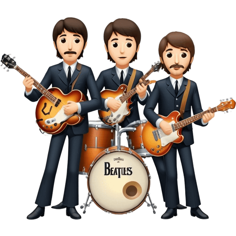 Rock music icon: The Beatles performing live on stage. John Lennon with guitar, Paul McCartney with bass, George Harrison with guitar, Ringo Starr on drums. Bright lights, energetic performance. Transparent background. emoji