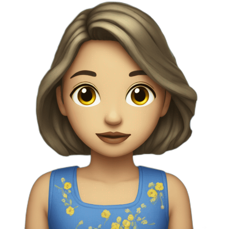 a girl in an embroidered dress sits in blue and yellow flowers emoji