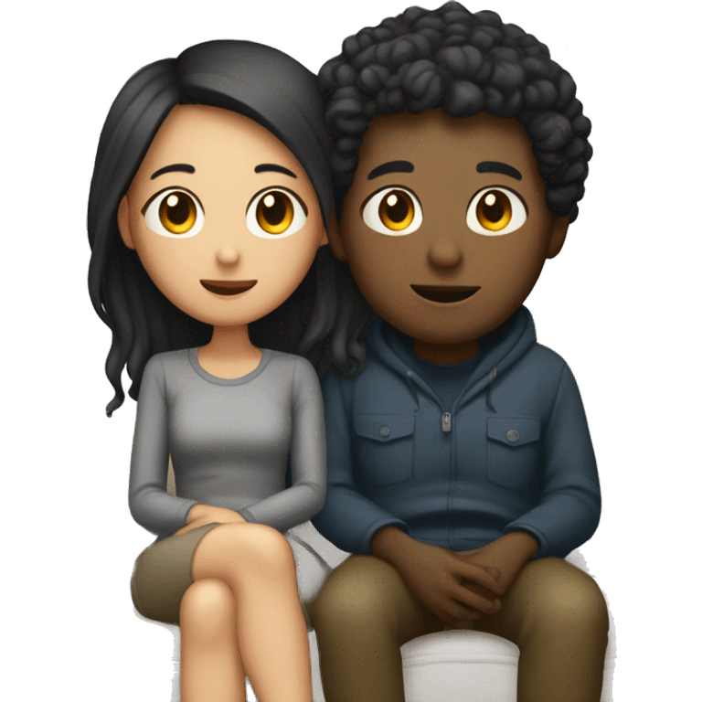 Asian girl, which has straight hair, and black boy, which had curly hair, as a couple cozying together on a couch watching a movie emoji