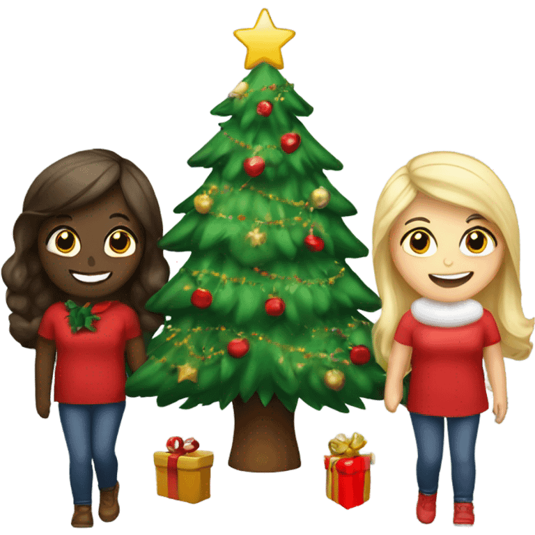 A Christmas tree that says “besties “ with three girls , 2 brunettes and a Blonde next to the tree  emoji