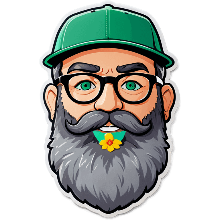 A bold man with a grey baseball cap, green eyes, big beard and glasses, holding flowers emoji