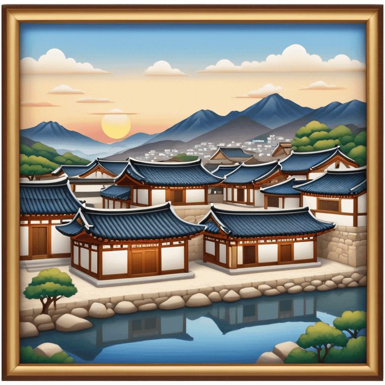 Cinematic Realistic Bukchon Hanok Village Landmark Emoji, depicted with traditional Korean houses set against a scenic backdrop rendered with detailed textures and warm, inviting lighting. emoji