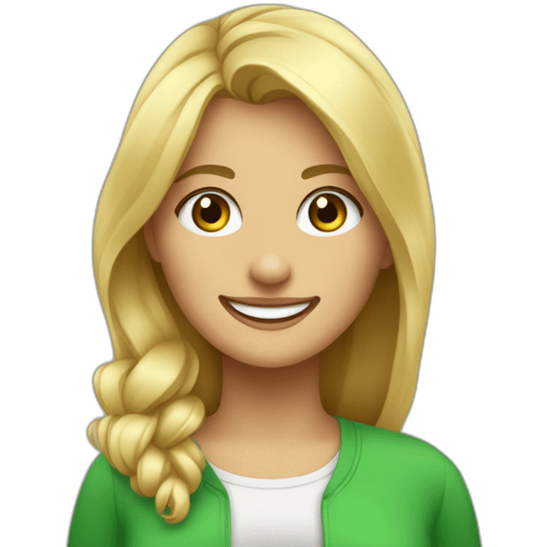 Mujer pintora rubia con ojos verdes y ropa juvenil sonriendo emoji