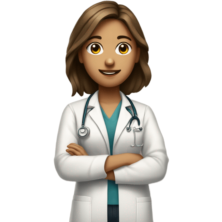 a full body medical student with arms crossed talking 20 years old girl student tan skin, brown hair emoji