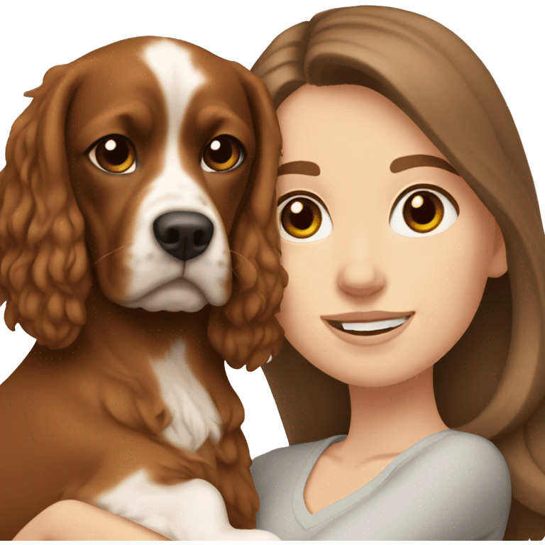 White girl with brown hair holding brown cavalier dog emoji