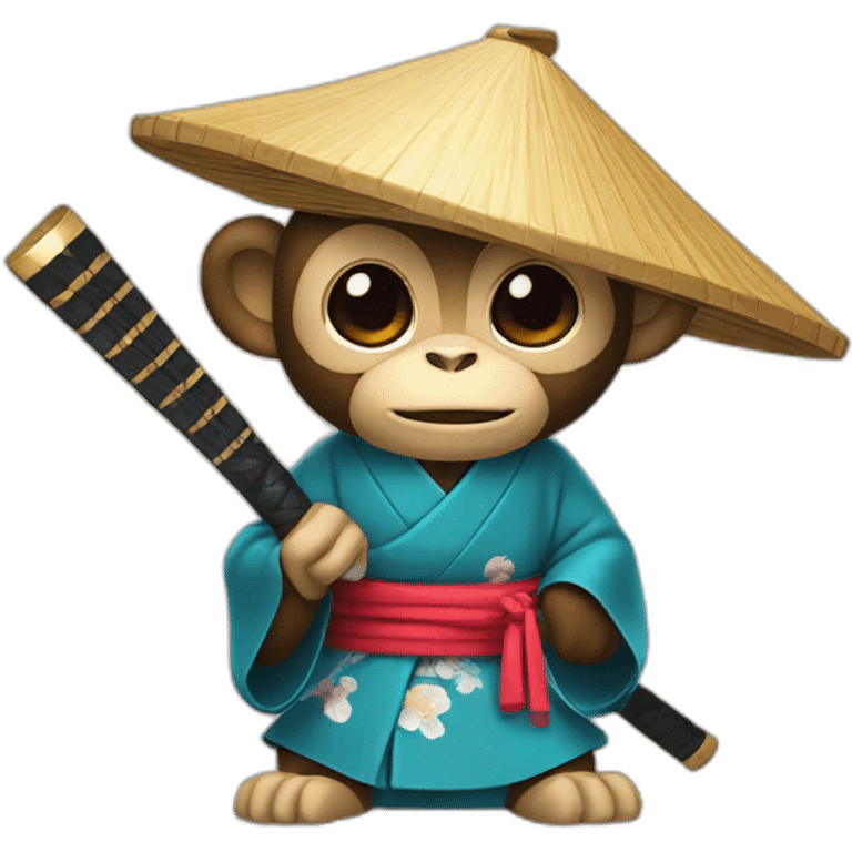 monkey with a Japanese hat and a kimono holding a katana emoji