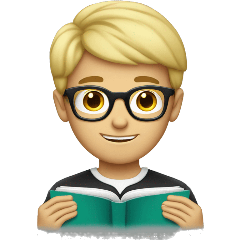 Smart looking blonde haired boy wearing glasses reading a book emoji