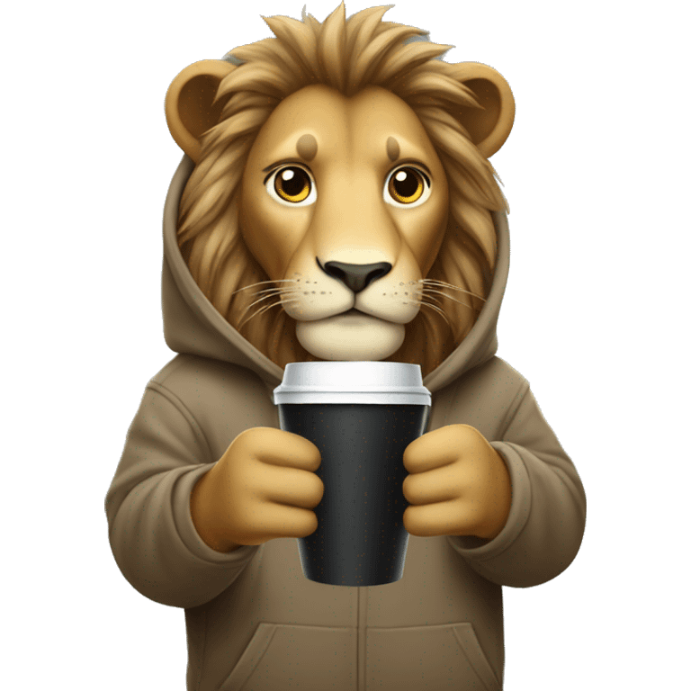 Lion wearing a hoodie and holding coffee  emoji