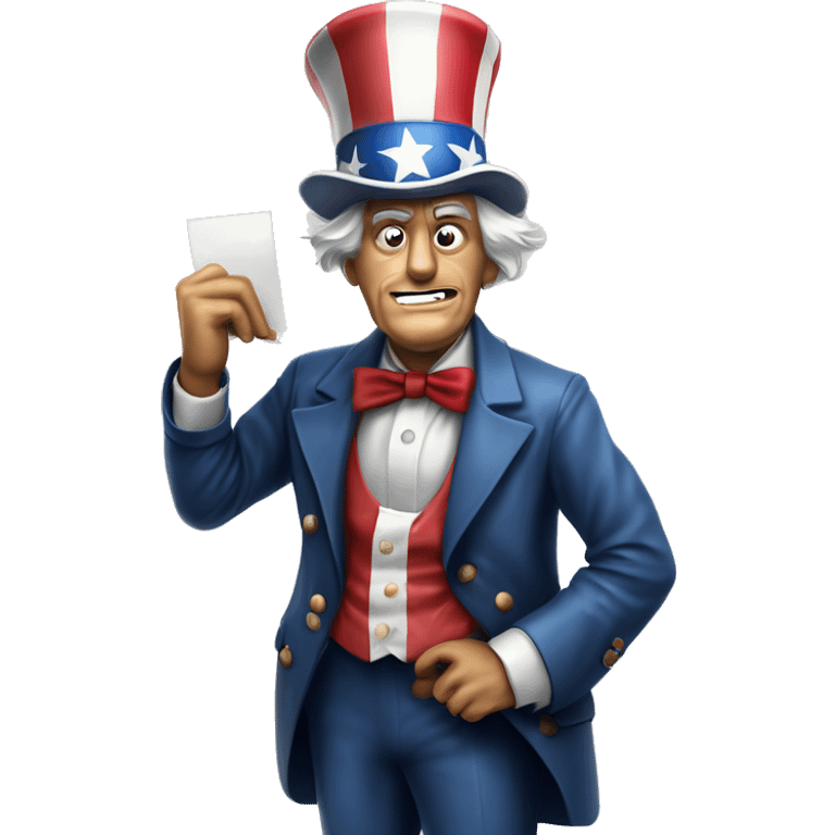 Uncle Sam with pitiful eyes holds a sign at full height waist photorealistic serious emoji