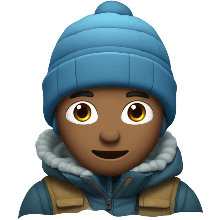 Man wearing beanie and jacket ice fishing in the mountains on a frozen lake emoji