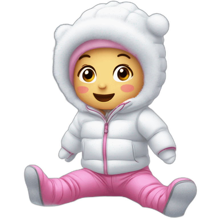 Baby wearing white jacket, white beanie, and pink pants doing a snow angel in snow on the ground emoji