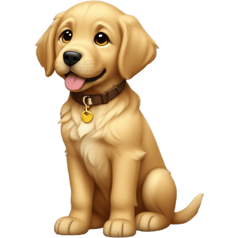 A beige golden retriever puppy wearing a brown collar tilts its head, facing forward, full body view emoji