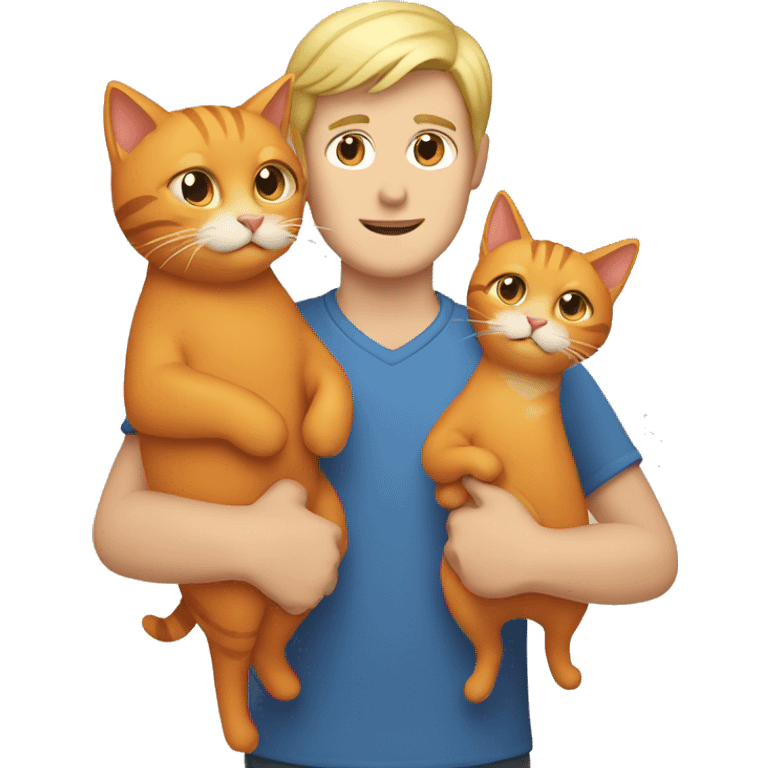 Blonde man holding one beige cat and one orange cat in his arms emoji