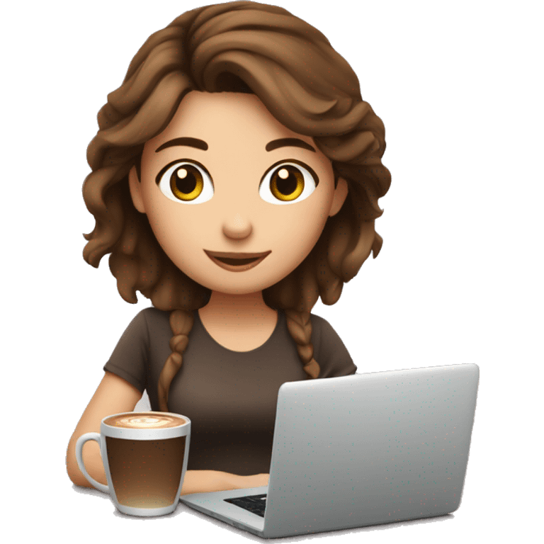 cute girl with brown hair working on laptop and drinking coffee emoji