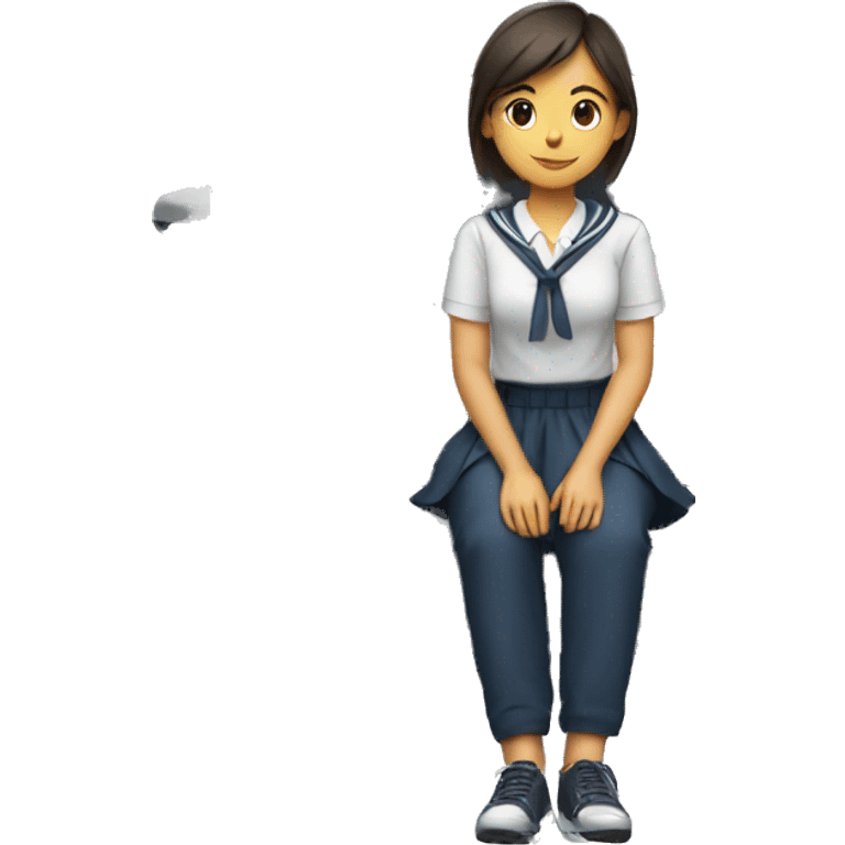 A young woman in a school uniform sitting legs crossed on the hood of a car emoji