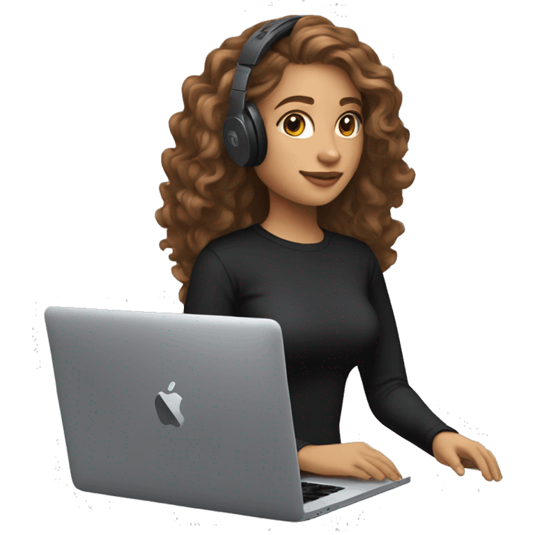 women with light skin and long brown wavy hair developing on a macbook with headset on, wearing a black t-shirt emoji