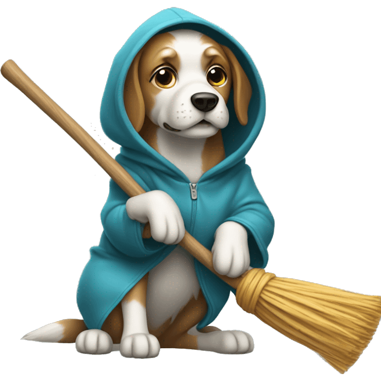 Dog wearing hoodie riding a broom  emoji