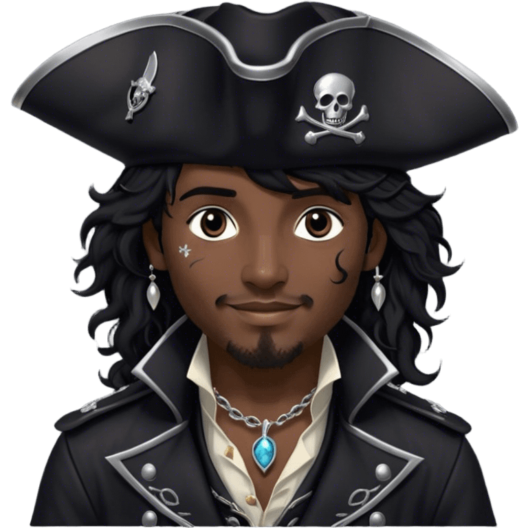 A charismatic pirate with wavy black hair tousled. His black tricorn hat, embroidered with silver. Dark eyes glint with mischief as he gazes to the side, a knowing smile on his lips. His fitted black coat, adorned with silver buttons. A silver chain dangles from his belt emoji