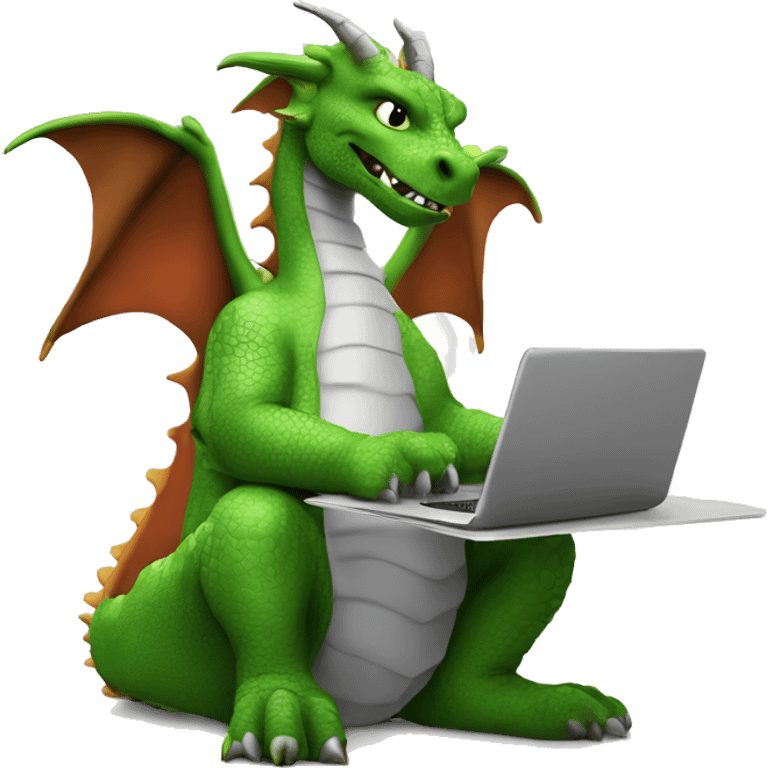 real life dragon with wings, working on a laptop, wearing a shirt with the words hump day on it, with a cup of coffee in his right hand emoji