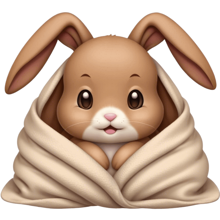 Brown, Floppy-eared cute baby bunny cozy in a blanket emoji emoji