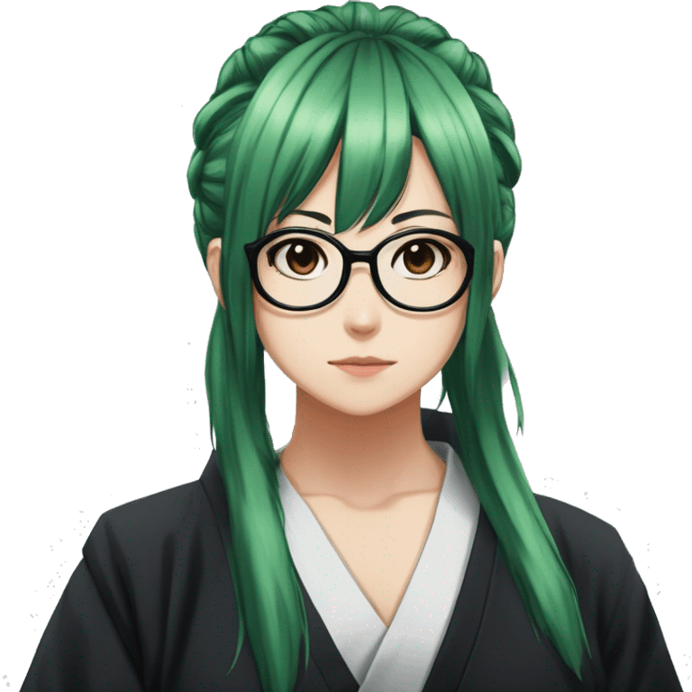 Maki zenin from jujutsu kaisen, Green hair tied one pony tail,side bangs, visible glasses, serious face, wear black leggings, Jujutsu kaisen women uniform emoji