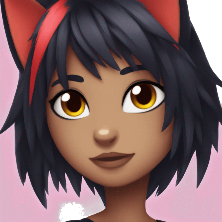 Anthro Edgy Cool Beautiful Black Litten-Noibat-Cat-Fursona with Emo Hair-bangs with Red Streaks emoji