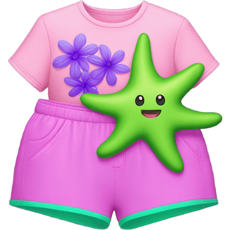 coral pink starfish with neon green shorts that have purple flowers  emoji