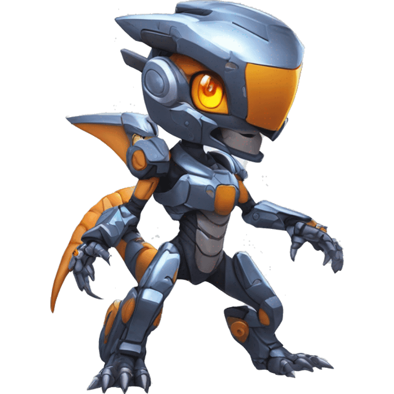 Colorful Edgy Chibi Greymon-Velociraptor-Genesect-Fakémon-Pokémon wearing a with a futuristic visor-helmet And Mecha-suit Full Body emoji