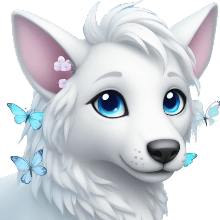 Cute gorgeous ethereal white fantasy animal with blue eyes sona with flowers and butterflies emoji