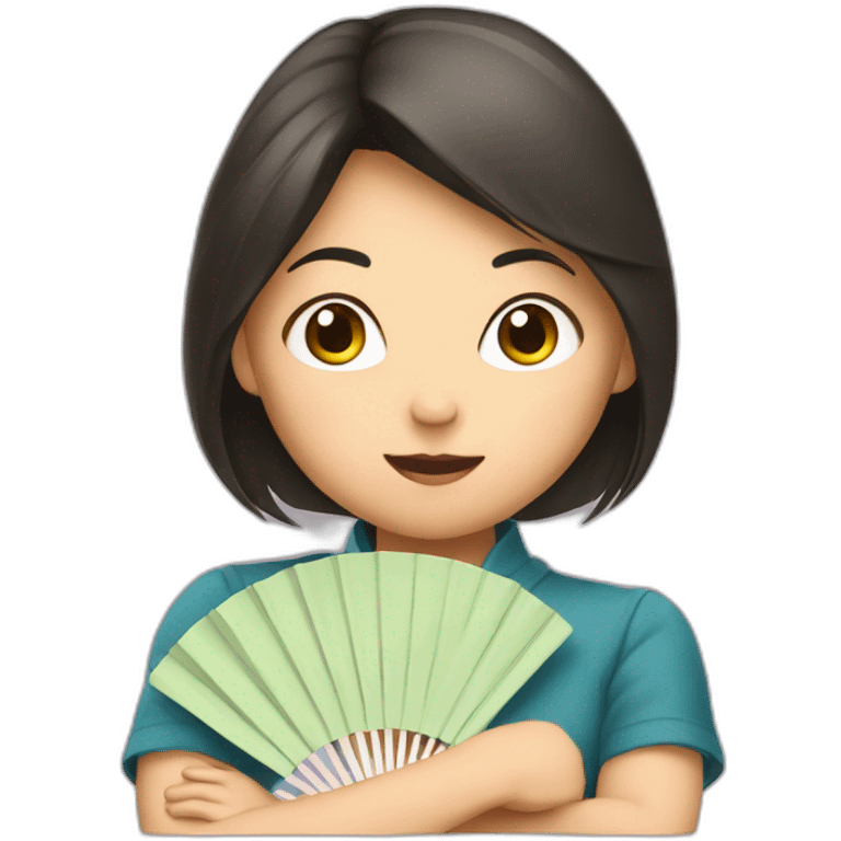 Female asian girl hiding behind a fan emoji