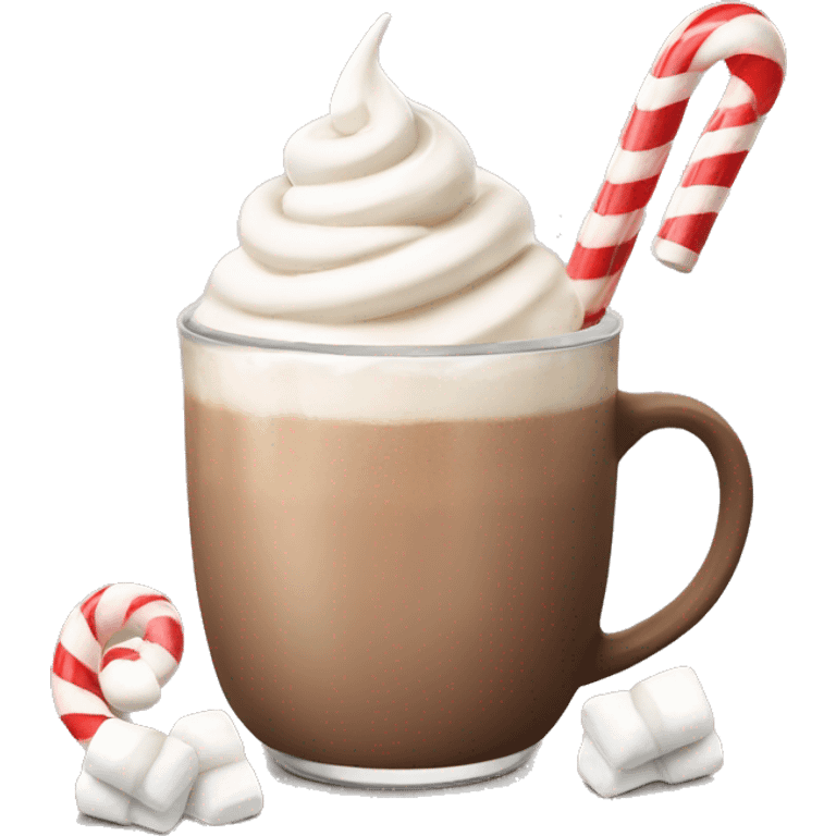 beige hot chocolate with marshmallows and whipped cream and candy cane emoji