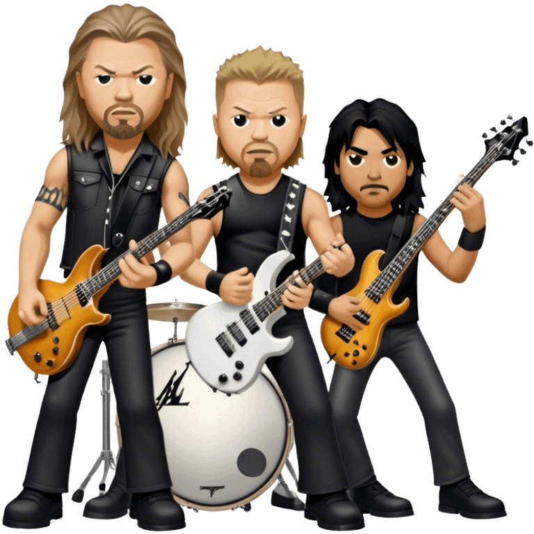 Icon for Metal Music: Metallica band four members detailed in their signature look. James Hetfield with guitar, Lars Ulrich on drums, Kirk Hammett with his electric guitar, and Robert Trujillo playing bass. Bold, energetic style, all in a heavy metal aesthetic. Transparent background. emoji