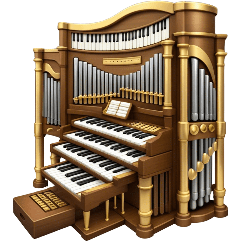 Create an elegant and majestic emoji representing a classical organ. The emoji should feature the grand pipes of the organ in the background, with visible details of the keys and pedalboard in the foreground. The pipes should be tall and impressive, with a mixture of gold, silver, and metallic shades to emphasize the grandeur of the instrument. The keyboard and pedals should be well-defined, capturing the intricate craftsmanship of the organ. Use dark wood tones and gold accents for the body of the instrument to give it a rich, historic feel. Add subtle musical notes around the organ to evoke its deep, resonant sound. The background should be transparent. emoji