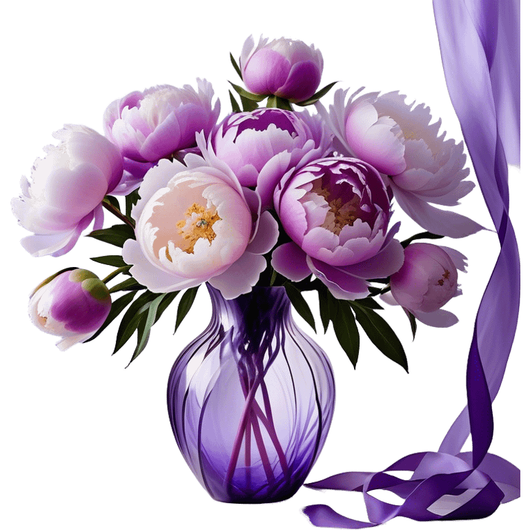 "A dreamy, abstract bouquet of peonies in soft pastel purples, with fluid, swirling petals that melt into each other like brushstrokes. The flowers emerge from a translucent, faceted glass vase in shades of violet, with exaggerated reflections and refractions. A flowing ribbon in light lavender twists and loops around the vase, extending beyond the frame in a weightless, almost liquid motion."
 emoji