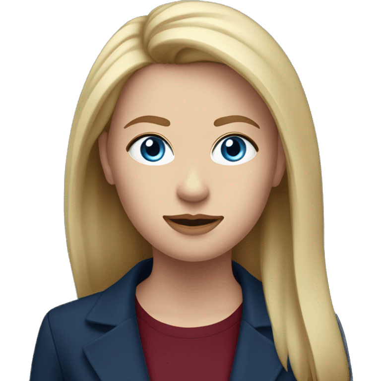 portrait of an adult girl, blue eyes, straight long bob blond hair, dark blue jacket suit, burgundy red shirt under emoji