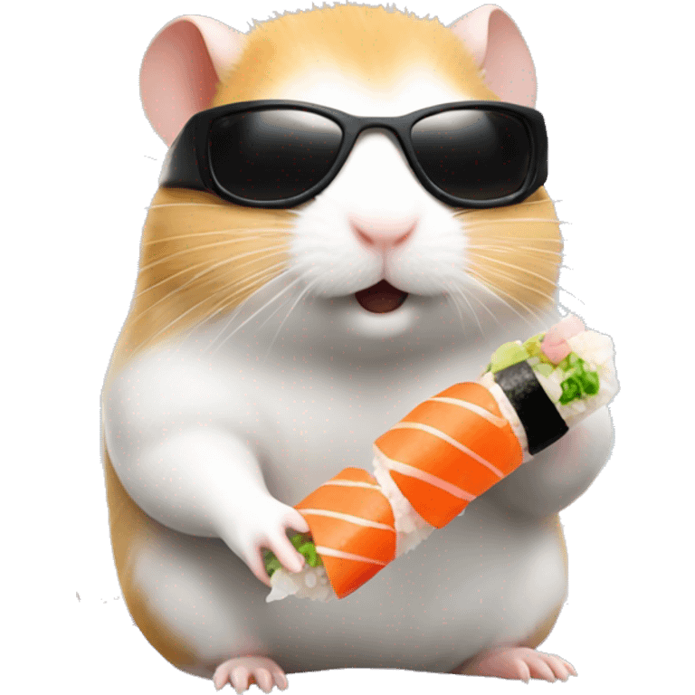 Hamster eats sushi and wearing sunglasses near the ocean emoji