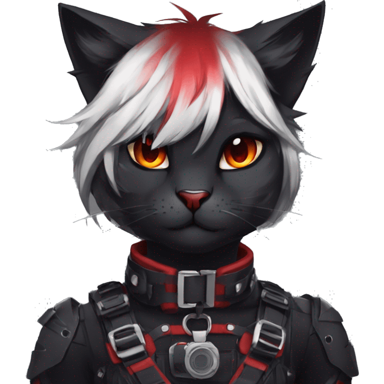 Anthro Edgy Cool Beautiful Black Cat-Fursona-Fakemon with Emo Hair-bangs with Red Streaks Chest Harness emoji